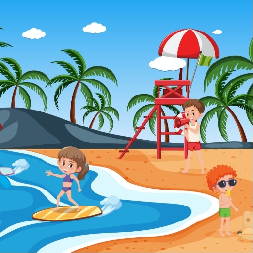 Animated scene of children at the beach