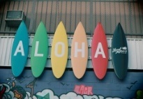 Surfboards spelling out ALOHA